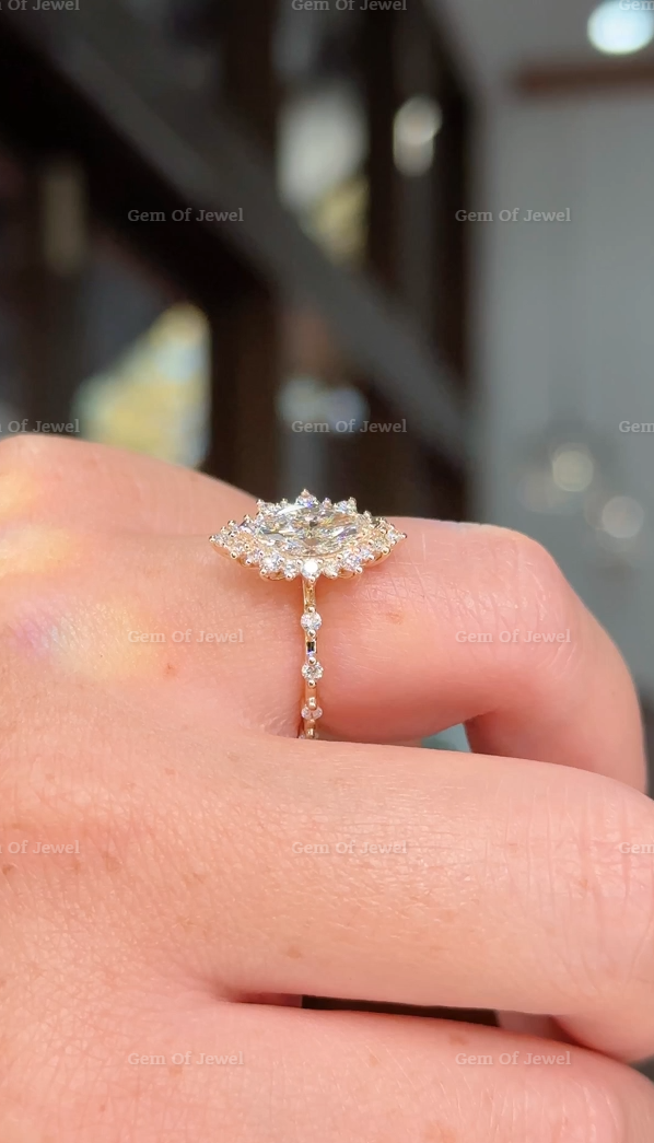 Marquise Diamond Moissanite Vintage Ring With Halo Of Round Moissanite Diamond And Bubble Design Band, Marquise Moissanite Vintage Halo Ring
