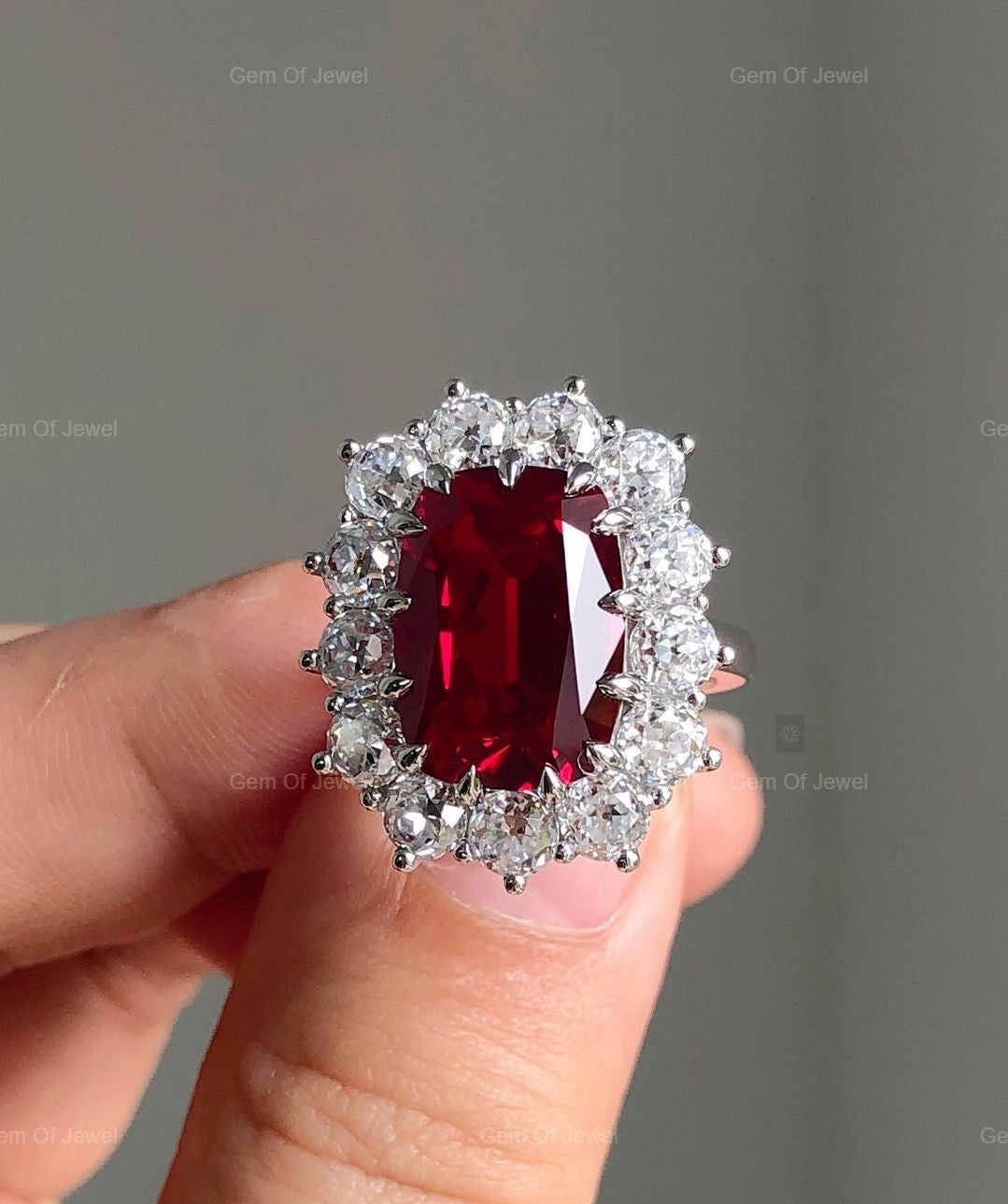 Ruby Stone Cushion Cut Ring, Ruby Stone Statement Ring For Her, Red Ruby Ring Cushion Diamond With Side Round Moissanite Diamond Ring
