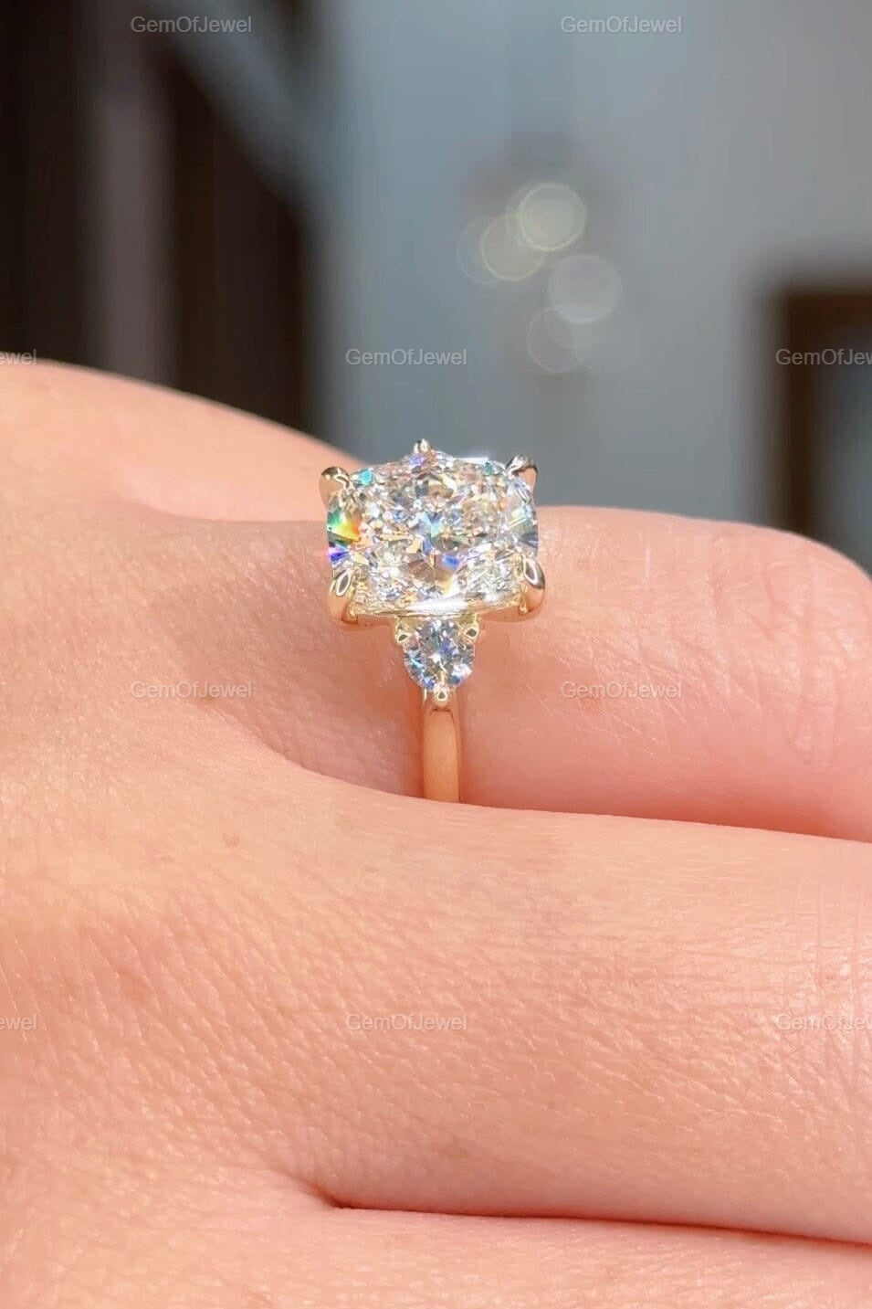 4CT Cushion Elongated Moissanite Three Stone Engagement Ring, Cushion Moissanite DIamond Ring, Wedding Ring With Side Round Moissanite Ring