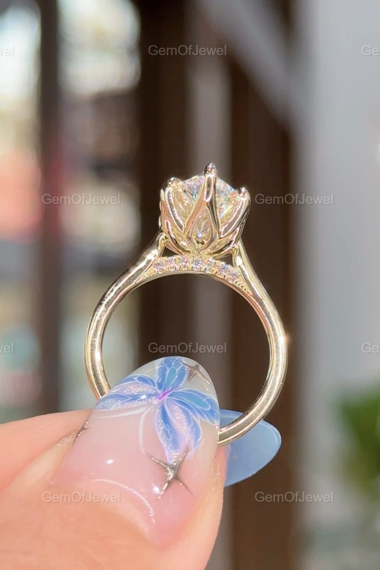 3CT Pear Shape Moissanite Engagement Ring, Lotus Prong With Diamonds On Bridge, 14K Yellow Gold Unique Bridal Jewelry, 3CT Pear Diamond Ring
