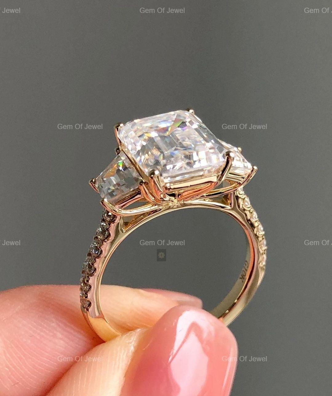 Moissanite Emerald Diamond Three Stone Ring with Modified Trapezoid Moissanite Diamond Ring, Emerald Moissanite Diamond Ring Gift For Her