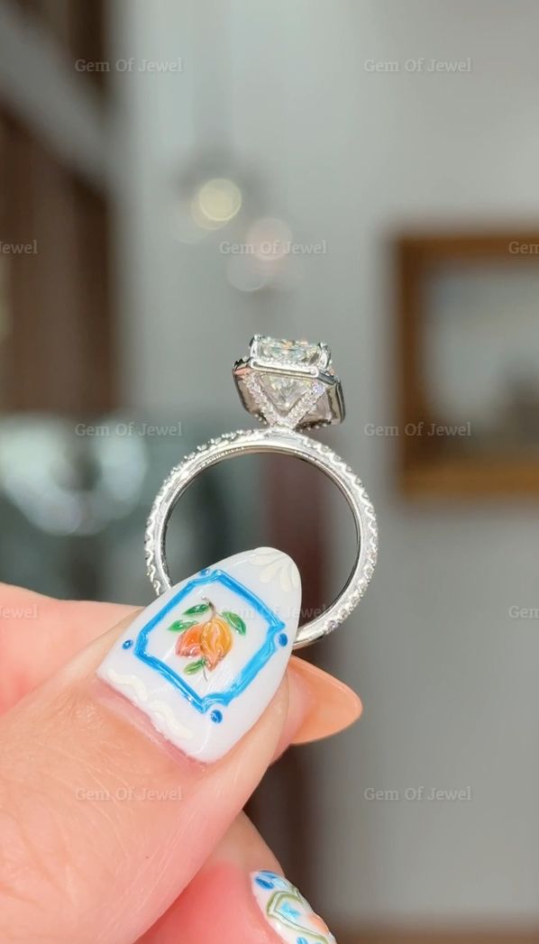 3CT Radiant Moissanite Diamond With Halo Of Round Moissanite Diamond And Diamonds Prong Solid Gold Ring, 3CT Radiant Moissanite Diamond Ring
