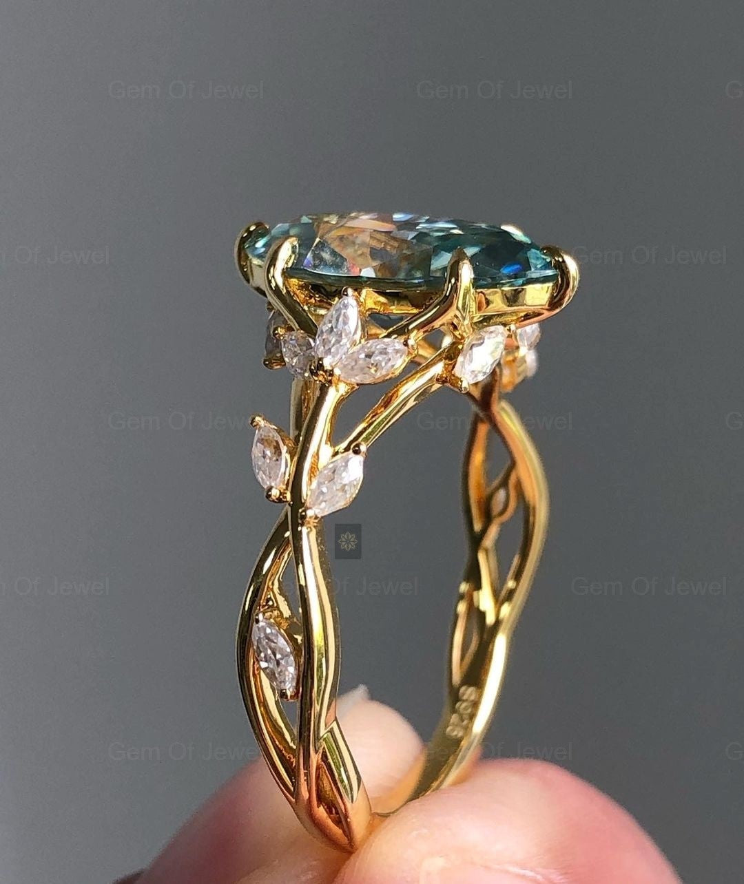 Marquise Green Moissanite Diamond Ring ,Floral Leaf Ring With Side Marquise Moissanite Diamond Unique Fancy Ring For Her, Green Diamond Ring