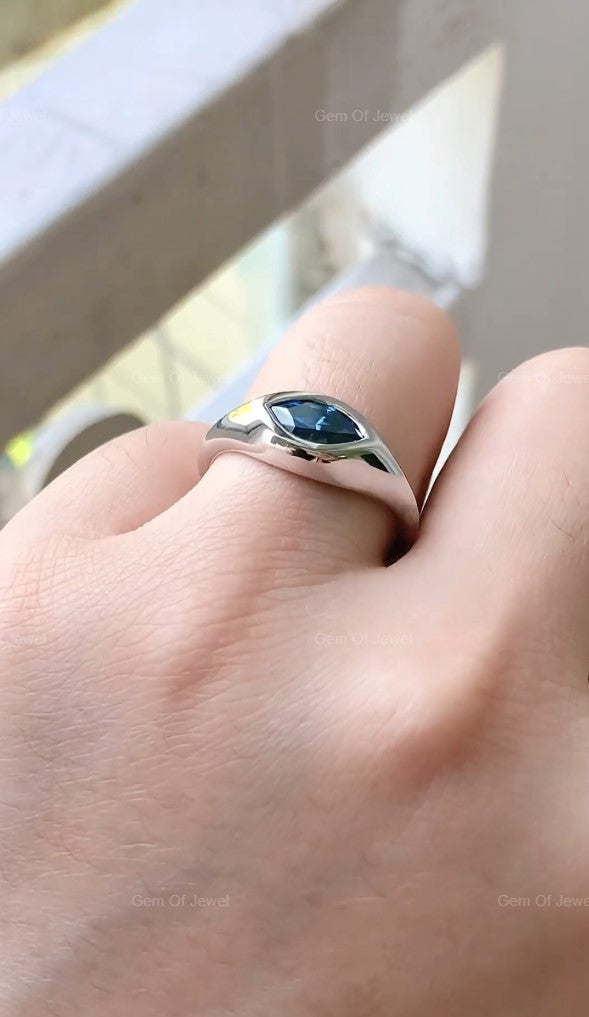 Marquise Diamond Solitaire Ring With Lab Diamond Blue Sapphire Ring, East West Set Marquise Lab Diamond Solitaire Unique Statement Ring