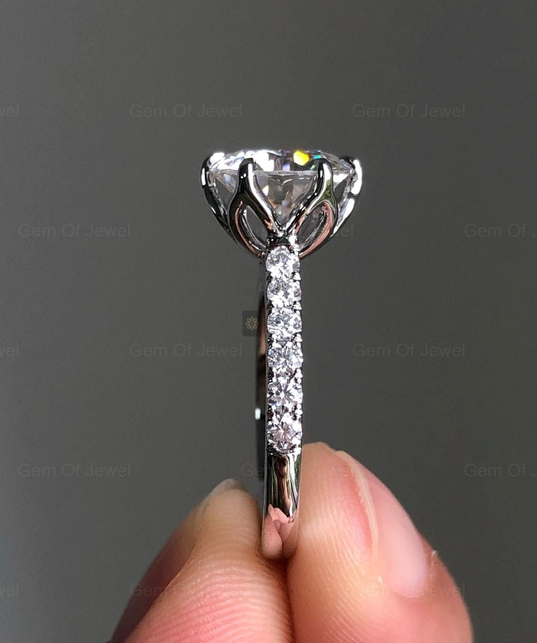 2CT Round Moissanite Diamond Lotus Prong Moissanite Diamond Ring With Pave Eternity Band of Round Diamond, Six Lotus Prong Diamond Ring