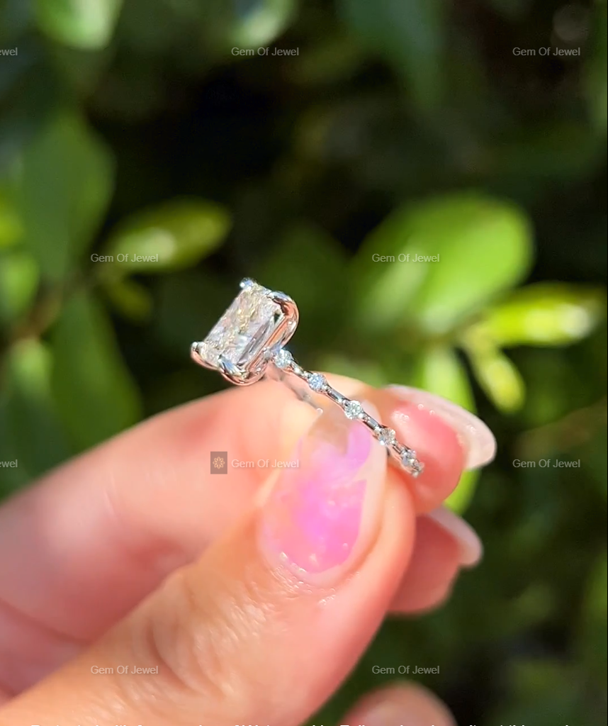 Radiant Moissanite Diamond Ring With Spaced Round Moissanite Diamond Band Solid Gold Ring, Radiant Moissanite Diamond Ring Gift For Her