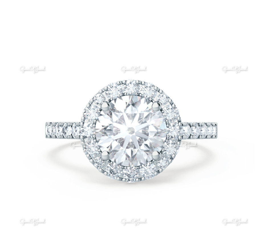 Round Moissanite Diamond Halo Ring Engagement Ring Anniversary Ring With Pave Band diamond Ring For Her, Moissanite Round Diamond Ring