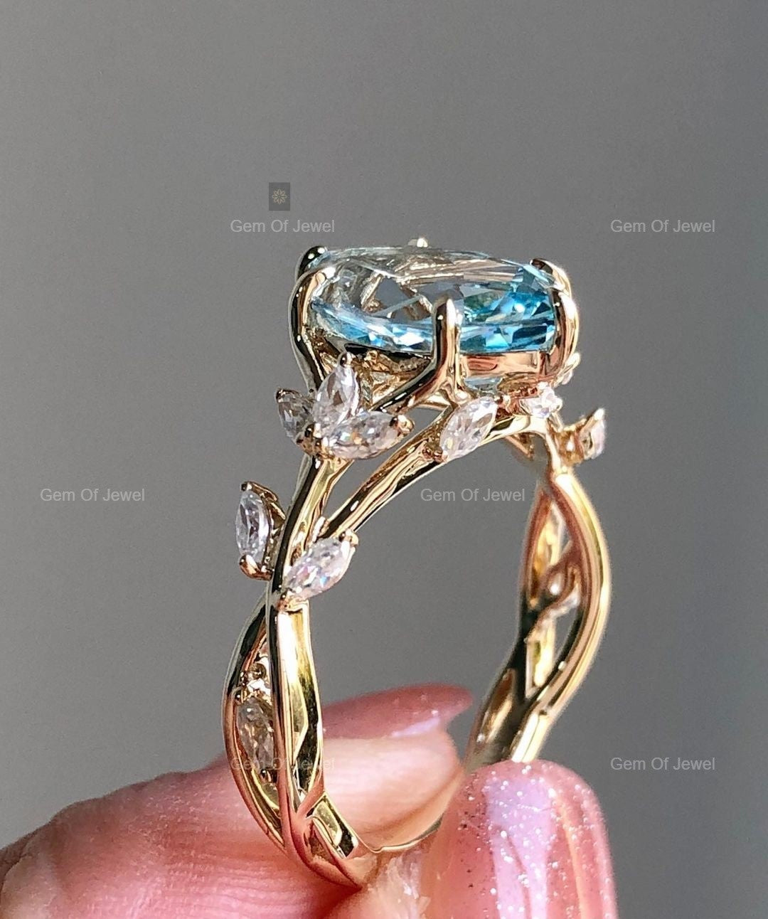Rose Cut Marquise Diamond Ring ,Floral Leaf Ring With Side Marquise Moissanite Diamond Unique Fancy Ring For Her, Aquamarine Marquise Ring