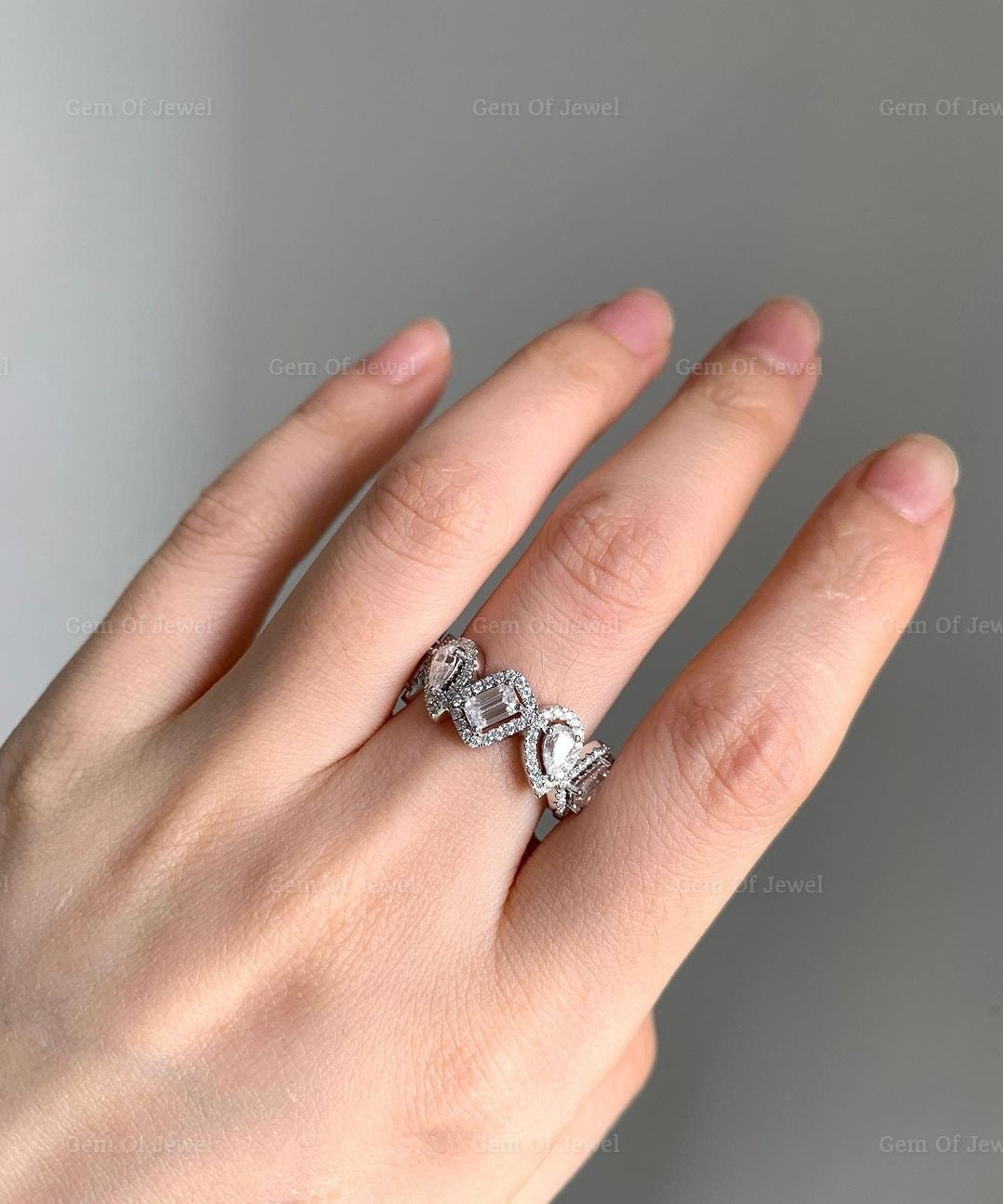 Pear And Emerald Moissanite Diamond With Halo Of Round Moissanite Diamond Engagement Ring For her, Pear And Emerald Moissanite Wedding Ring