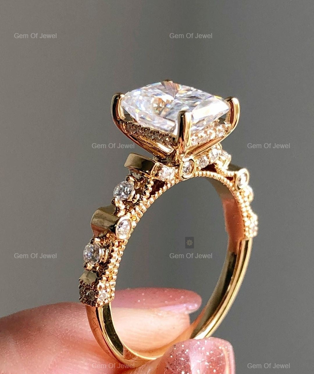 1CT Radiant Moissanite Diamond With Side Round Diamond Ring For Her, Radiant Cut Art Deco Ring, Radiant Diamond Moissanite Engagement Ring