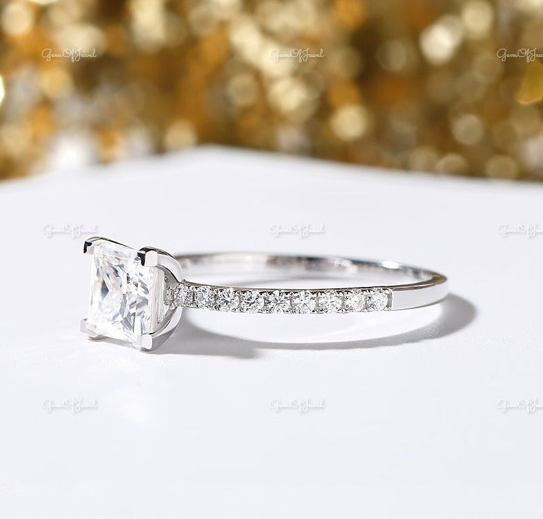 1 CT Princess Cut Moissanite Diamond Engagement Ring With Round Moissanite Eternity Band , Engagement Ring For Her, Princess Ring For her