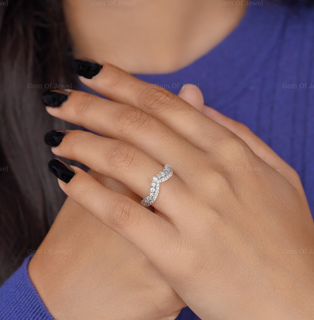 Round Moissanite Diamond Half Eternity Band With Blue Sapphire Lab Diamond Wedding Matching Band, Blue Sapphire Diamond Band For Her, Blue Baguette Diamond Matching Band For Ring