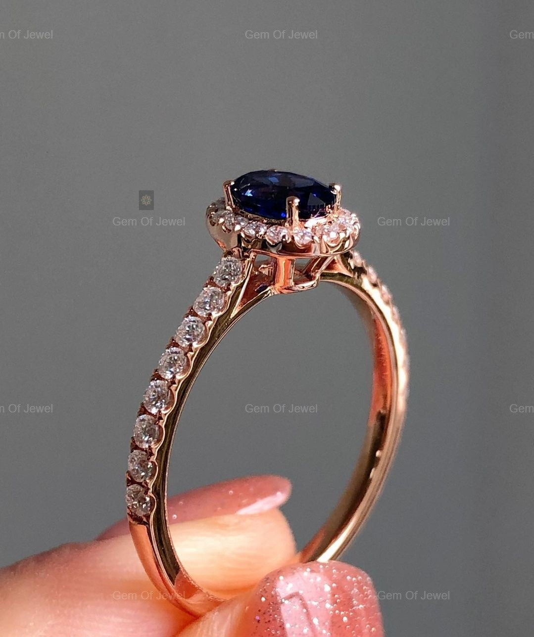 Blue Sapphire Oval Diamond Ring with Pave Round Moissanite Diamond Ring, Dark Blue Sapphire Oval Diamond Ring Gift For Her, Blue Oval Ring