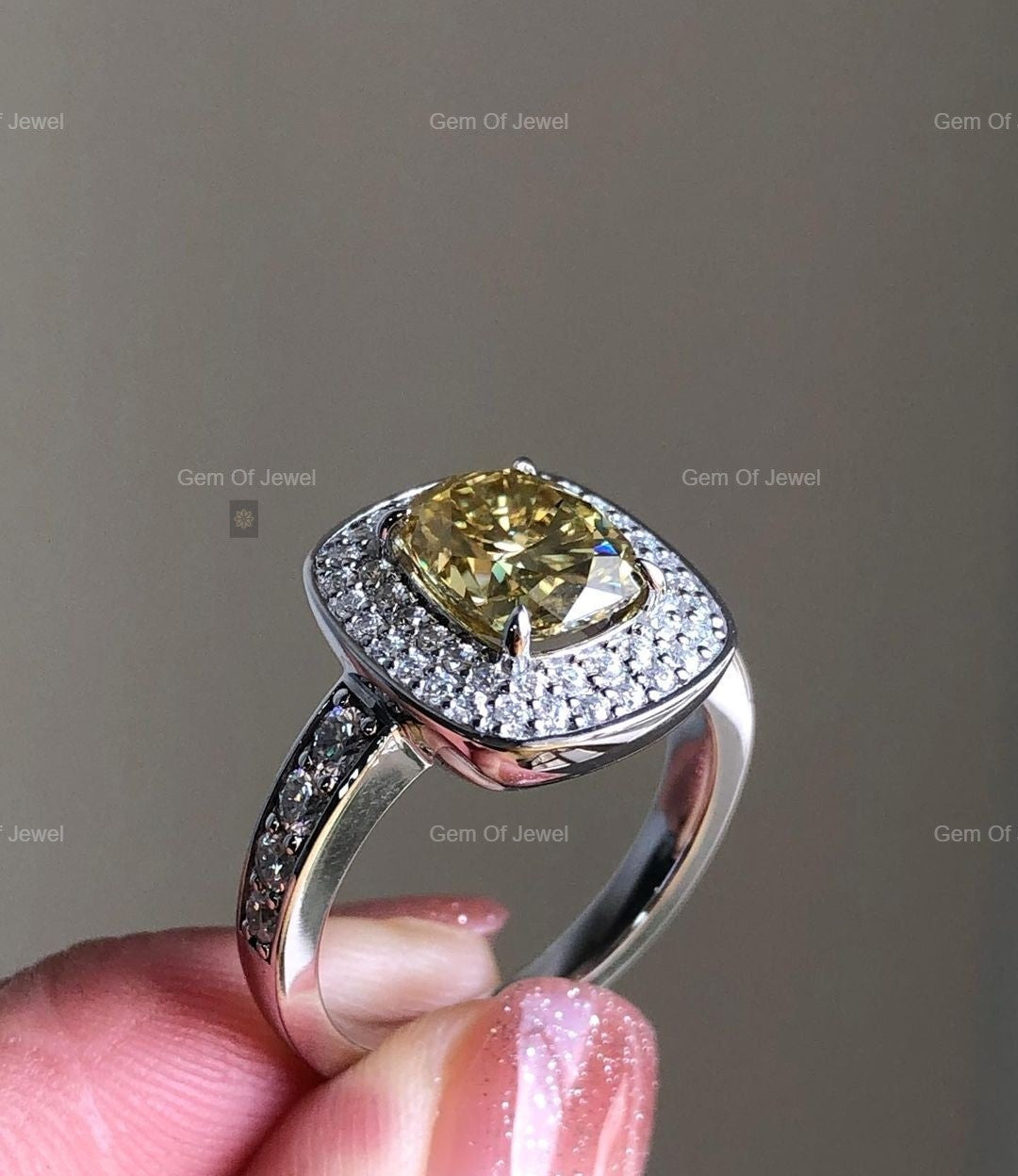 Yellow Moissanite Elongated Cushion Moissanite Diamond Ring With Pave Of Round Moissanite Diamond Engagement Ring, Yellow Moissanite Ring