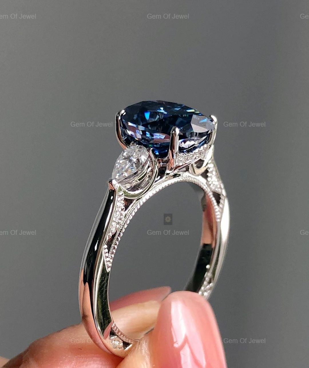 Oval Blue Moissanite Diamond Ring, Blue Moissanite Diamond Oval Cut Three Stone Ring, Blue Moissanite Three Stone Oval Diamond Ring Gift