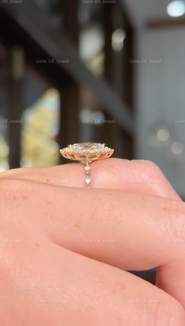 Marquise Diamond Moissanite Vintage Ring With Halo Of Round Moissanite Diamond And Bubble Design Band, Marquise Moissanite Vintage Halo Ring