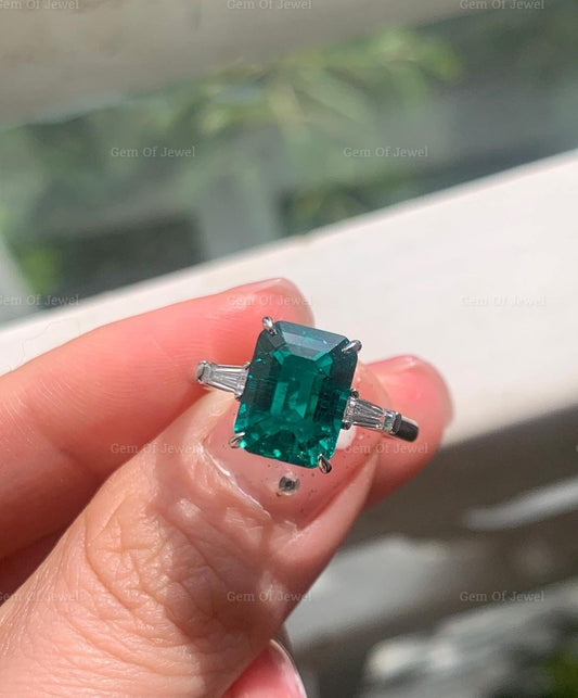 Green Emerald Diamond Three Stone Engagement Ring with Side Tapered Baguette Diamond Ring, Green Lab Diamond Emerald Three Stone Ring Gift