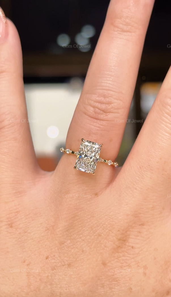 2.5CT Radiant Moissanite Diamond Ring With Round Moissanite Diamond Band Solid Gold Ring, Radiant Moissanite Diamond Engagement Ring For Her