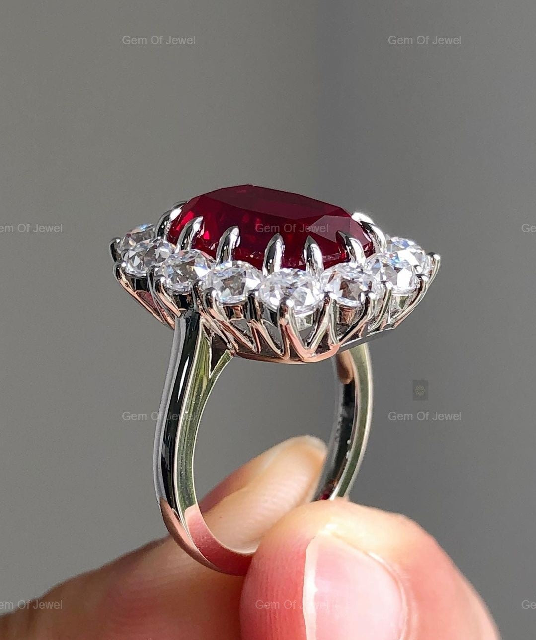 Ruby Stone Cushion Cut Ring, Ruby Stone Statement Ring For Her, Red Ruby Ring Cushion Diamond With Side Round Moissanite Diamond Ring