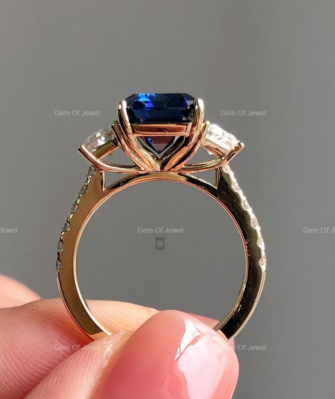 Blue Sapphire Diamond Three Stone Ring with Side Trapezoid Moissanite Diamond Ring, Dark Blue Sapphire Three Stone Diamond Ring Gift For Her