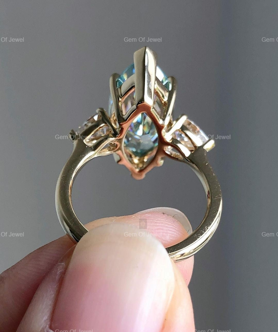 Marquise Green Moissanite Diamond Ring, Three Stone Marquise Moissanite Diamond Fancy Ring For Her, Green Moissanite Engagement Diamond Ring