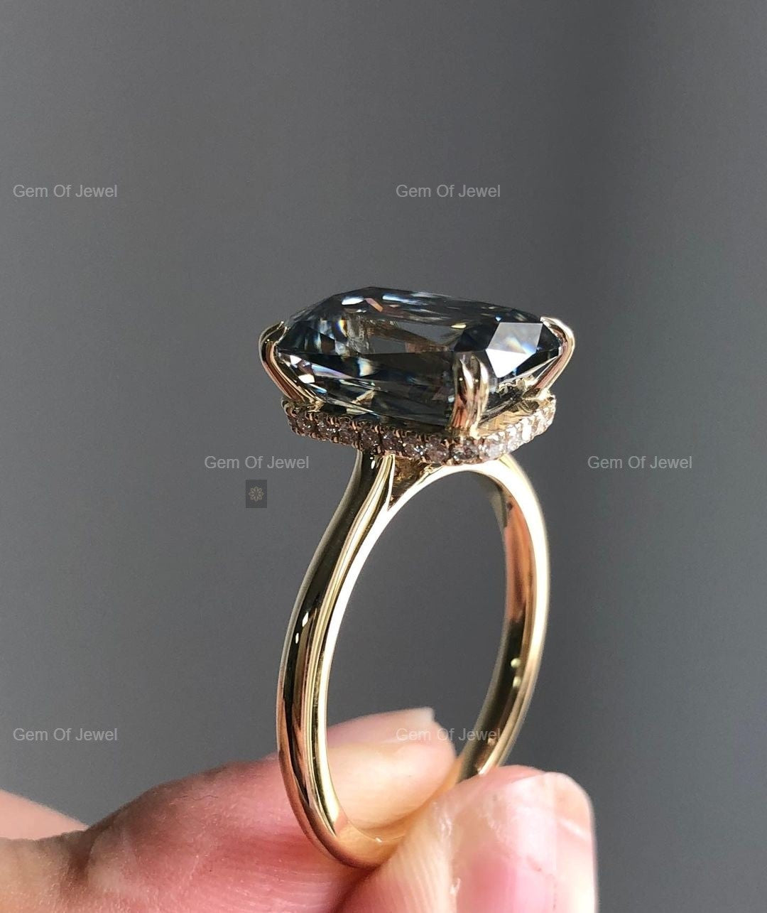 Criss Cut MoissaniteDark Gray Moissanite Diamond Halo Ring, Gray Diamond Criss Cut Ring With Halo And Double Claw Prong, Gray Diamond Ring