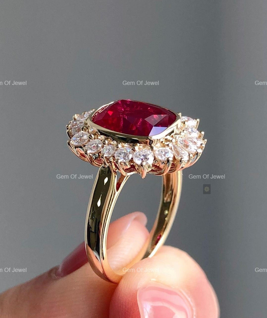 Ruby Stone Cushion Shape Ring, Ruby Stone Statement Ring For Her, Red Ruby Stone Cushion Diamond With Side Round Moissanite Diamond Ring