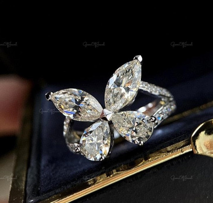 Marquise Moissanite Diamond And Pear Moissanite Diamond Butterfly Shape Engagement Ring, Butterfly Shape Diamond Ring With
