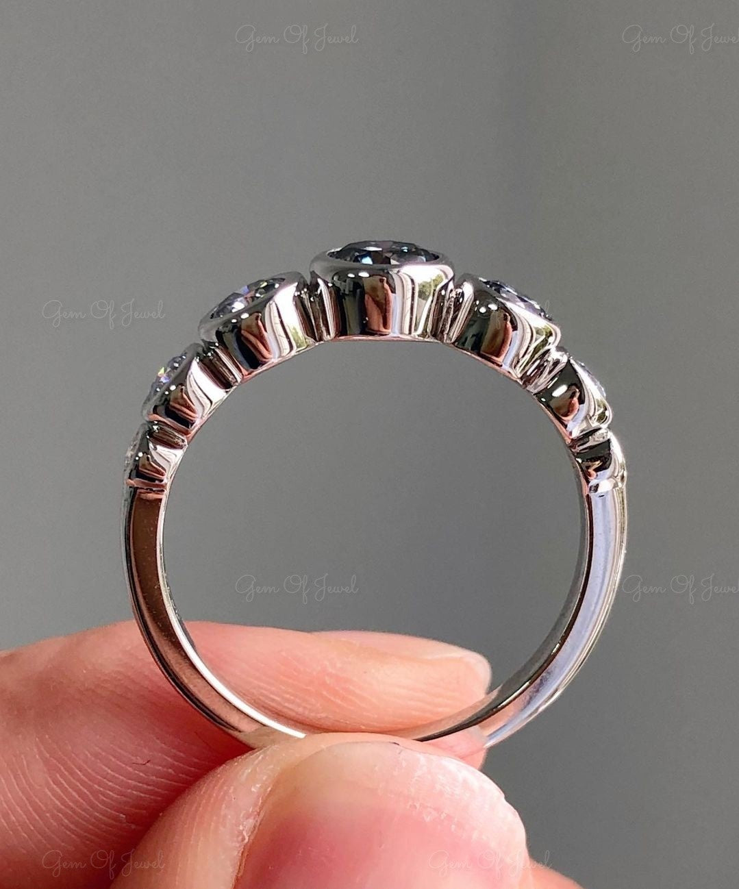 Round Cut Gray Moissanite Diamond Bezel Ring, Gray Diamond Round Cut Ring, Gray Diamond Ring, Grey Moissanite Diamond Band, Gray Moissanite