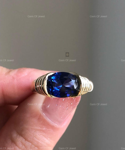 Blue Moissanite Oval Diamond Ring, Dark Blue Oval Moissanite Art Deco Sapphire Diamond Ring Gift, Blue Stone Solitaire Oval Diamond Ring