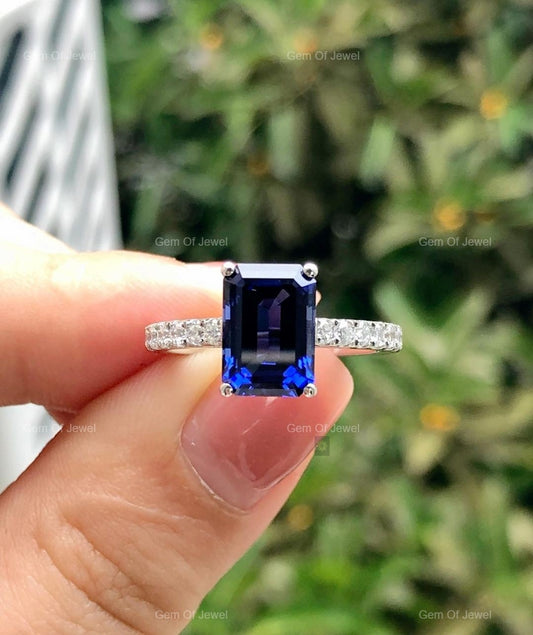 Blue Sapphire Emerald Diamond Ring with Side Round Moissanite Diamond Ring, Dark Blue Sapphire Emerald Diamond Ring Gift For Her