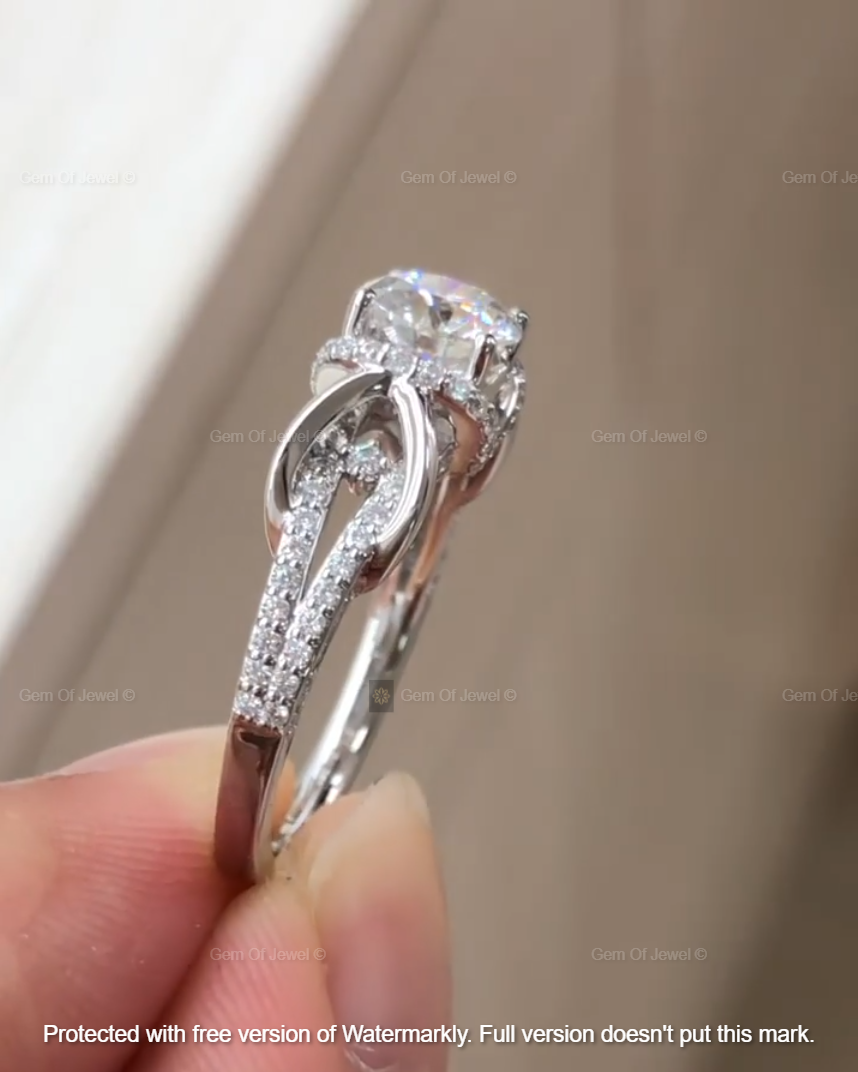1CT Round Moissanite Diamond Infinity Inspired Unique Setting Wedding Ring With Pave Diamond For Her, Moissanite Round Diamond Ring For Her