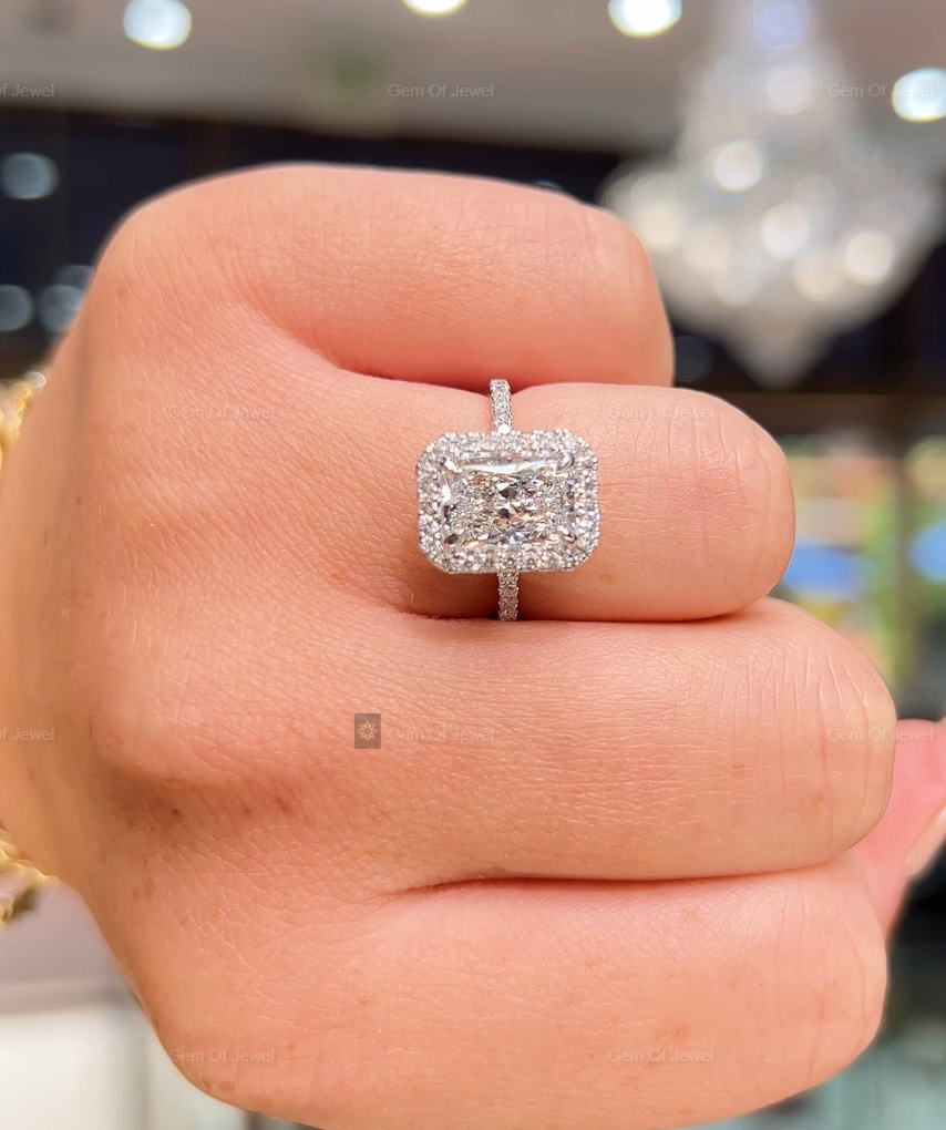 Radiant Cut Moissanite Diamond With Halo Of Round Moissanite Diamond And Petal Prong Solid Gold Ring, Lotus Prong Ring, Radiant Diamond Ring