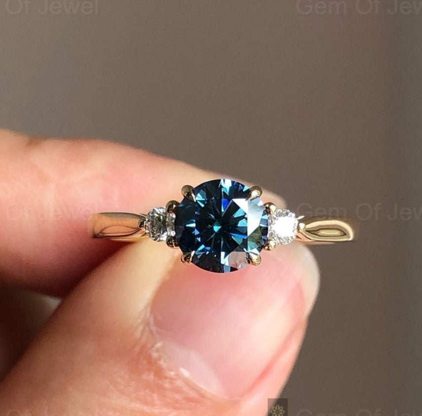 Round Blue Moissanite Diamond Ring, Dark Blue Moissanite Diamond Round Cut Three Stone Ring, Blue Moissanite Three Stone Diamond Ring