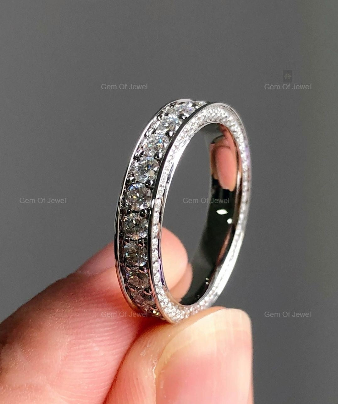 Round Moissanite Diamond Full Eternity Channel Set Band With 3 Side Pave Diamond Wedding Matching Band, Channel Set Diamond Ring For Her