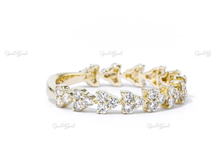 Round Moissanite Diamond Trio Set Diamond Gold Women's Ring, Wedding Band Ring For Her , Wedding Matching Ring For Her, Cluster Set Band