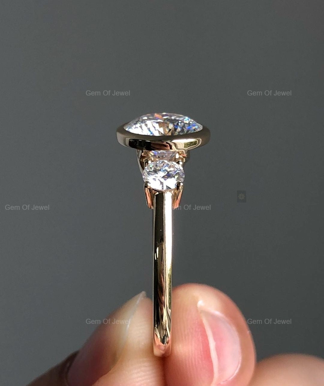 Portugese Cut Moissanite Diamond Three Stone Ring With Side Round Cut Diamond Bezel Set Ring, Portuguese Moissanite Diamond Ring For Her