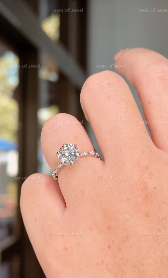 2CT Lotus Prong Round Moissanite Diamond Ring With Floating Bubble Band With Six Prong Lotus Petal Prongs, 2CT Round Moissanite Diamond Ring