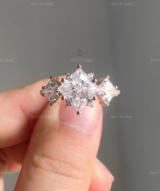 Princess Cut Moissanite Diamond Three Stone Diamond Engagement Ring, Princess Moissanite Diamond Engagement Ring For Her, Princess Cut Ring