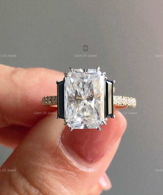 Radiant Cut Diamond Ring With Side Black Tapered Baguette Moissanite Two Tone Gold Diamond Ring, Radiant Diamond Ring, Radiant Cut Ring