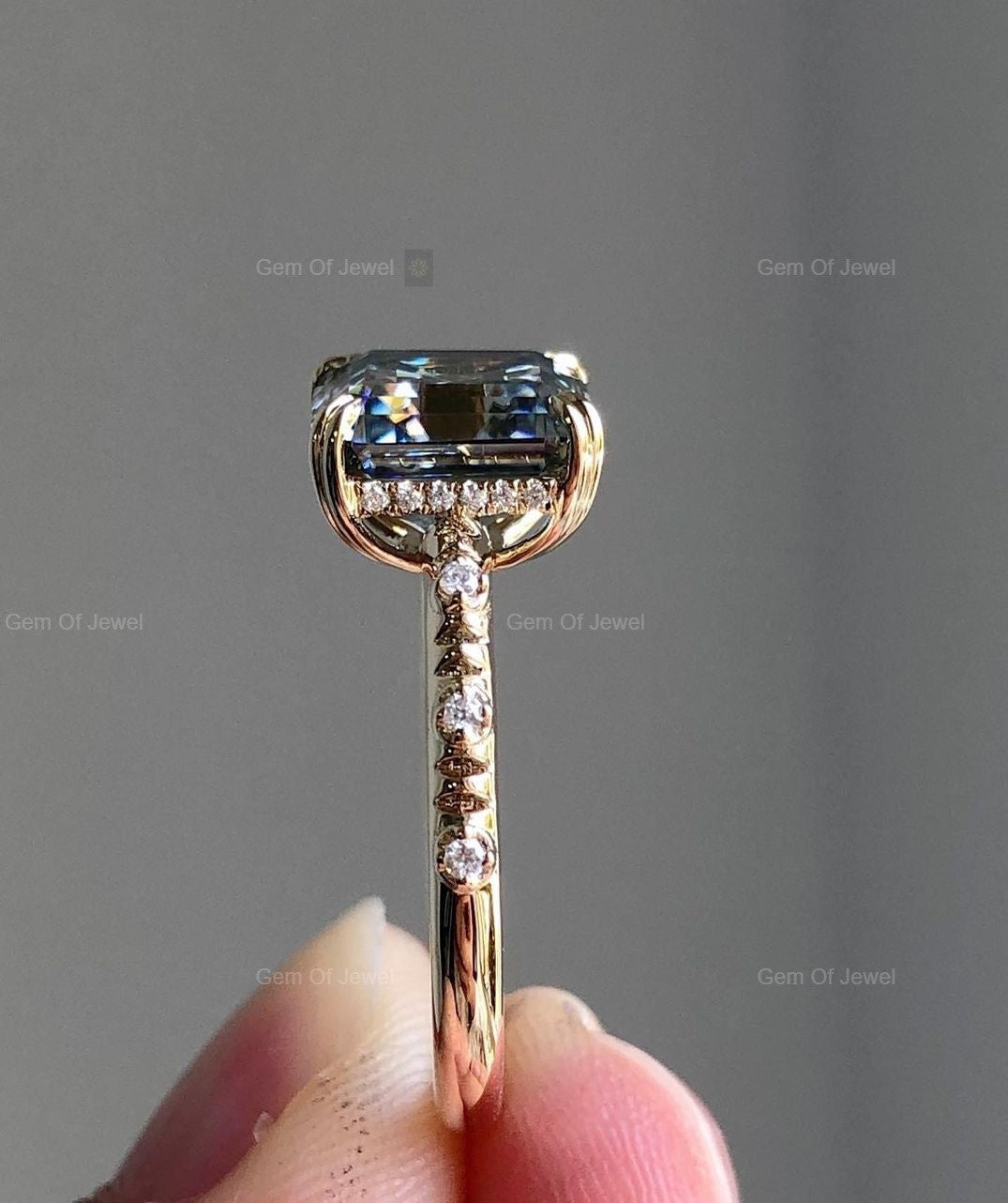 Ascher Cut Dark Gray Moissanite Diamond Halo Ring, Gray Diamond Ascher Cut Ring With Halo And Double Claw Prong Ring, Gray Diamond Ring