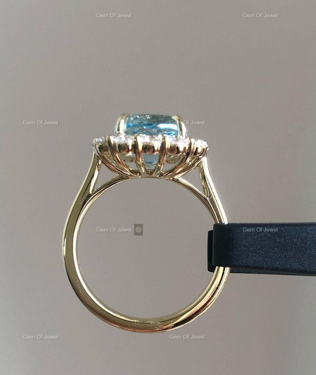Aquamarine Cushion Cut Ring With Side Round Moissanite Diamond Ring, Aquamarine Lab Simulated Diamond Ring, Aquamarine Cushion Cut Ring