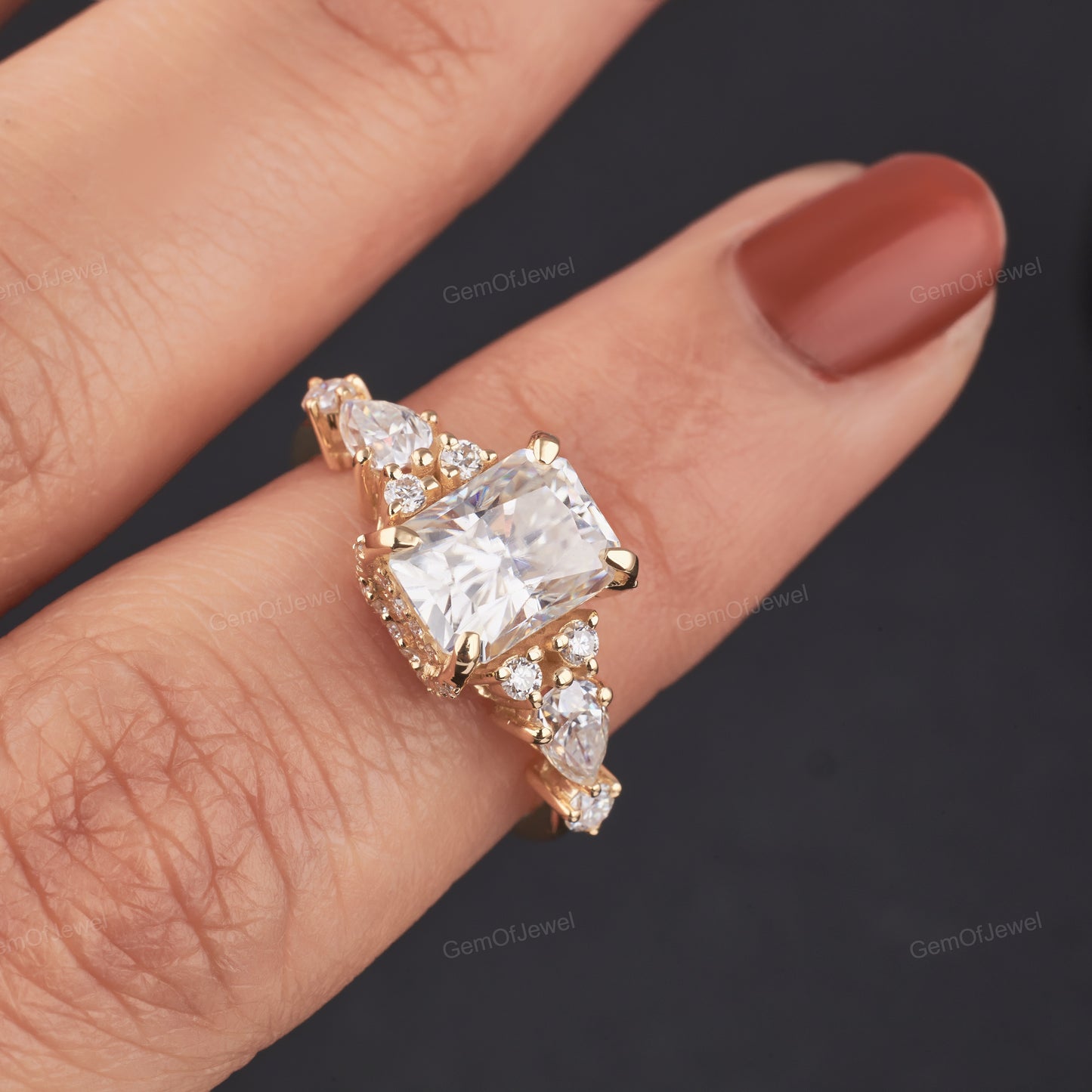 2.50 CT Radiant Cut Moissanite Ring, Pear And Round Cut Three Stone Engagement Ring, Antique Cut Moissanite, Wedding Ring, Unique Ring
