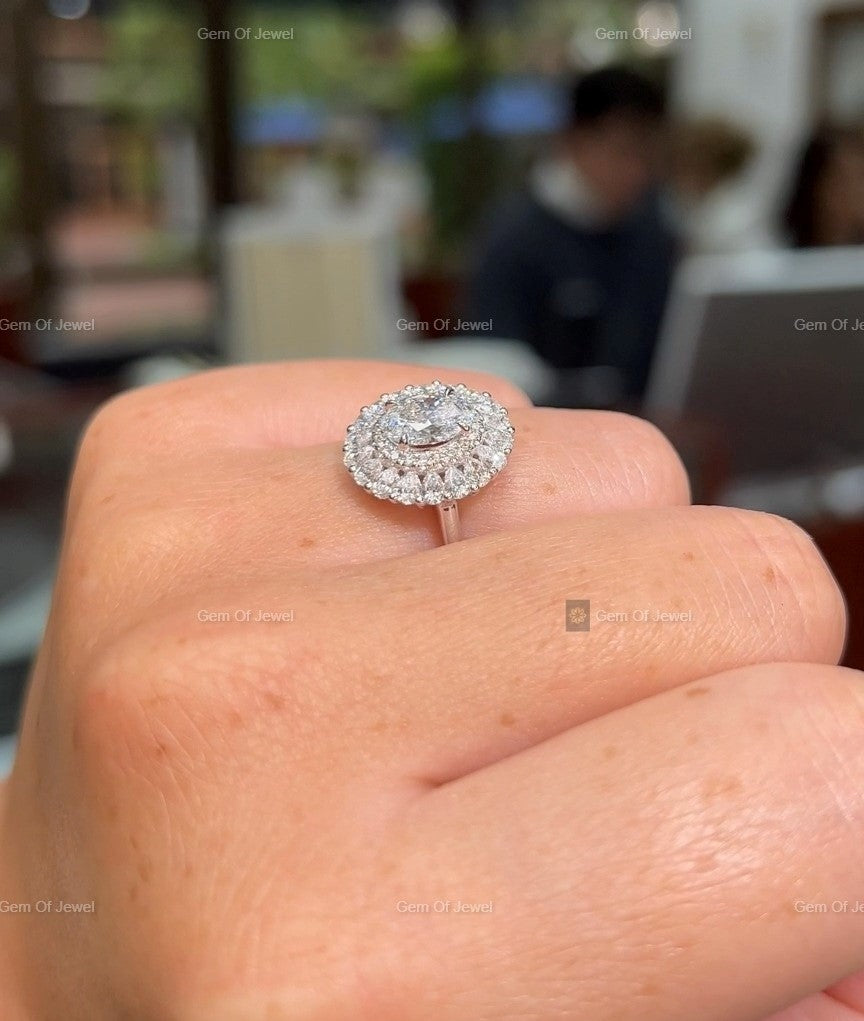 1CT Oval Moissanite Diamond With Halo Of Pear And Round Diamond Flower Shape Ring, Oval Moissanite Diamond With Pear Moissanite Diamond Ring