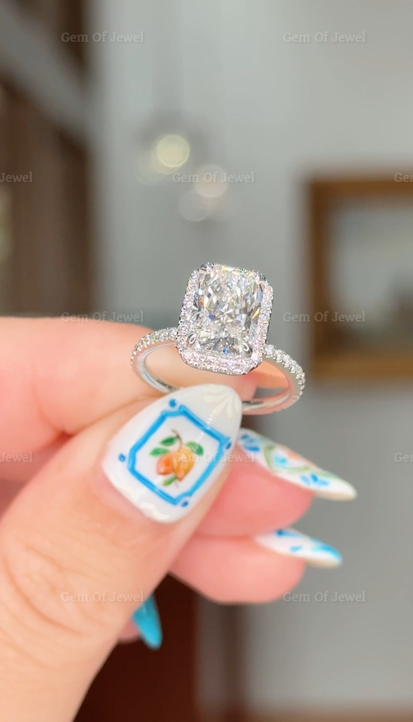 3CT Radiant Moissanite Diamond With Halo Of Round Moissanite Diamond And Diamonds Prong Solid Gold Ring, 3CT Radiant Moissanite Diamond Ring