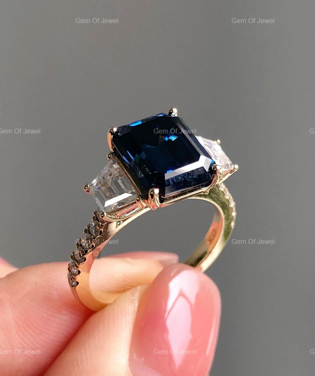 Blue Sapphire Diamond Three Stone Ring with Side Trapezoid Moissanite Diamond Ring, Dark Blue Sapphire Three Stone Diamond Ring Gift For Her