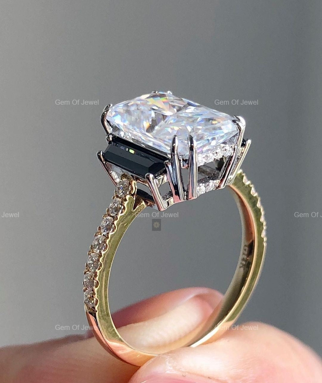 Radiant Cut Diamond Ring With Side Black Tapered Baguette Moissanite Two Tone Gold Diamond Ring, Radiant Diamond Ring, Radiant Cut Ring