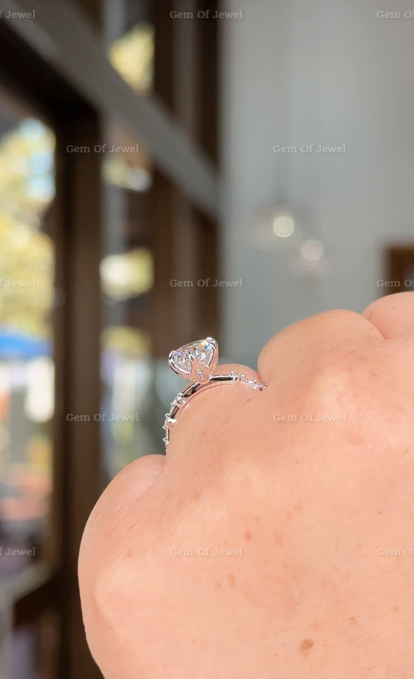 2CT Lotus Prong Round Moissanite Diamond Ring With Floating Bubble Band With Six Prong Lotus Petal Prongs, 2CT Round Moissanite Diamond Ring
