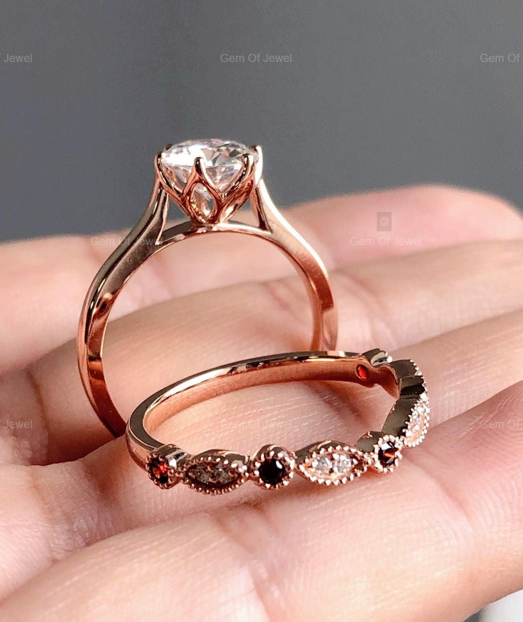 Round Moissanite Diamond Ring With Matching Wedding Band Bridal Ring Set For Her, Round Ring With Red Ruby Milgrain Matching Wedding Band