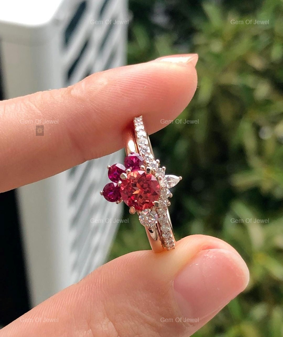 Red Ruby Sapphire Diamond Ring With Pink Sapphire Stone Ring With Moissanite Diamond Matching Band, Round Diamond Bridal Ring With Band Set